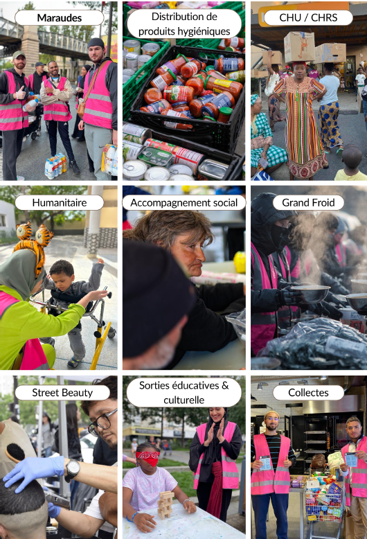 Tous nos services : Maraudes, Distribution, Colis, Humanitaire, Accompagnement, Grand Froid, Street Beauty, Sorties éducatives, Collectes